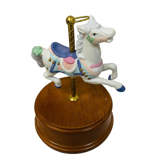 Vintage Ceramic Carousel Horse Figurine On Wooden Base 5 1/2" Music Box  Up e Po - Picture 2 of 10